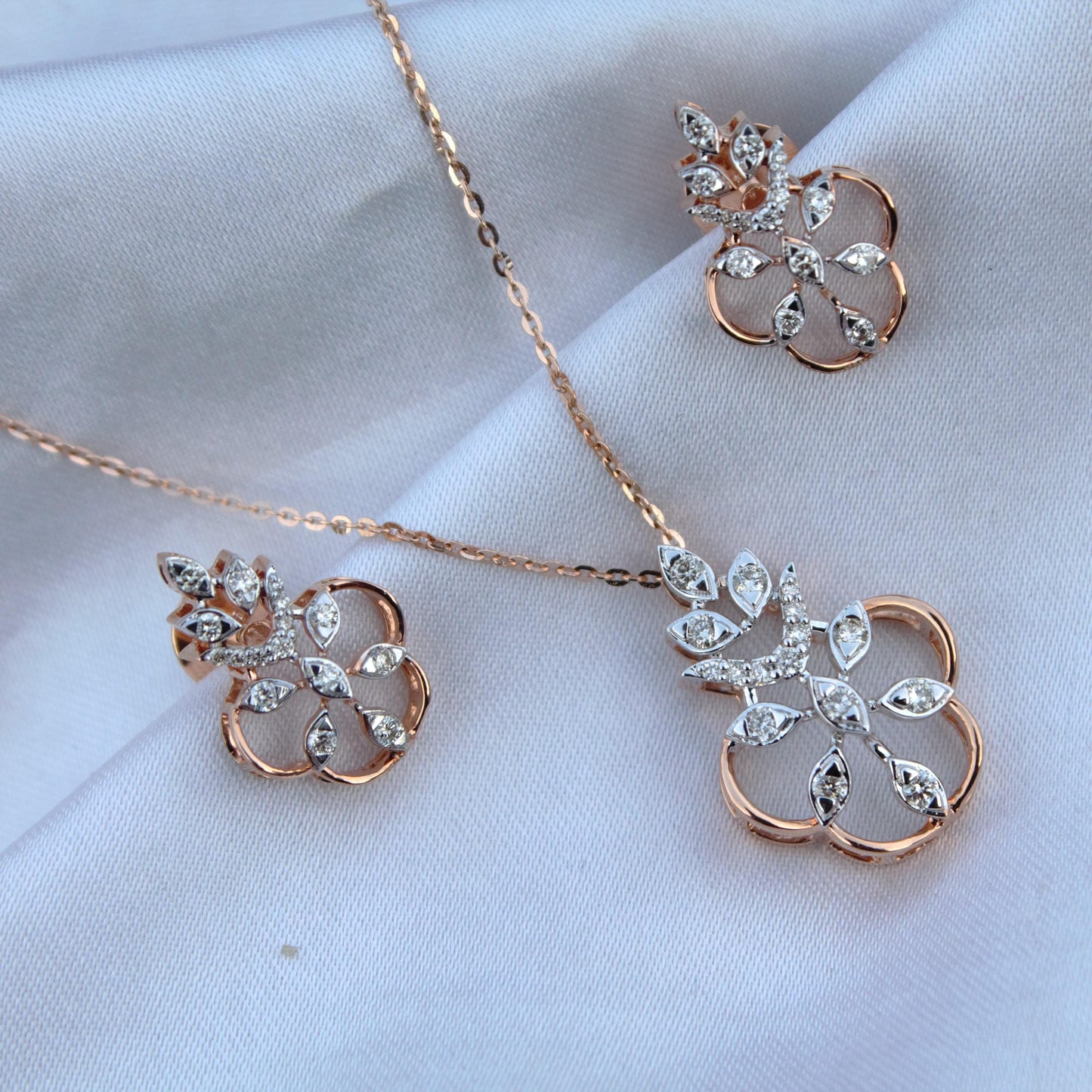 18k Solid Rose Gold Necklace Set, Real Diamond Jewelry Set for Her, Diamond Necklace with Stud Earrings, IGI Certified Jewelry Birthday Gift