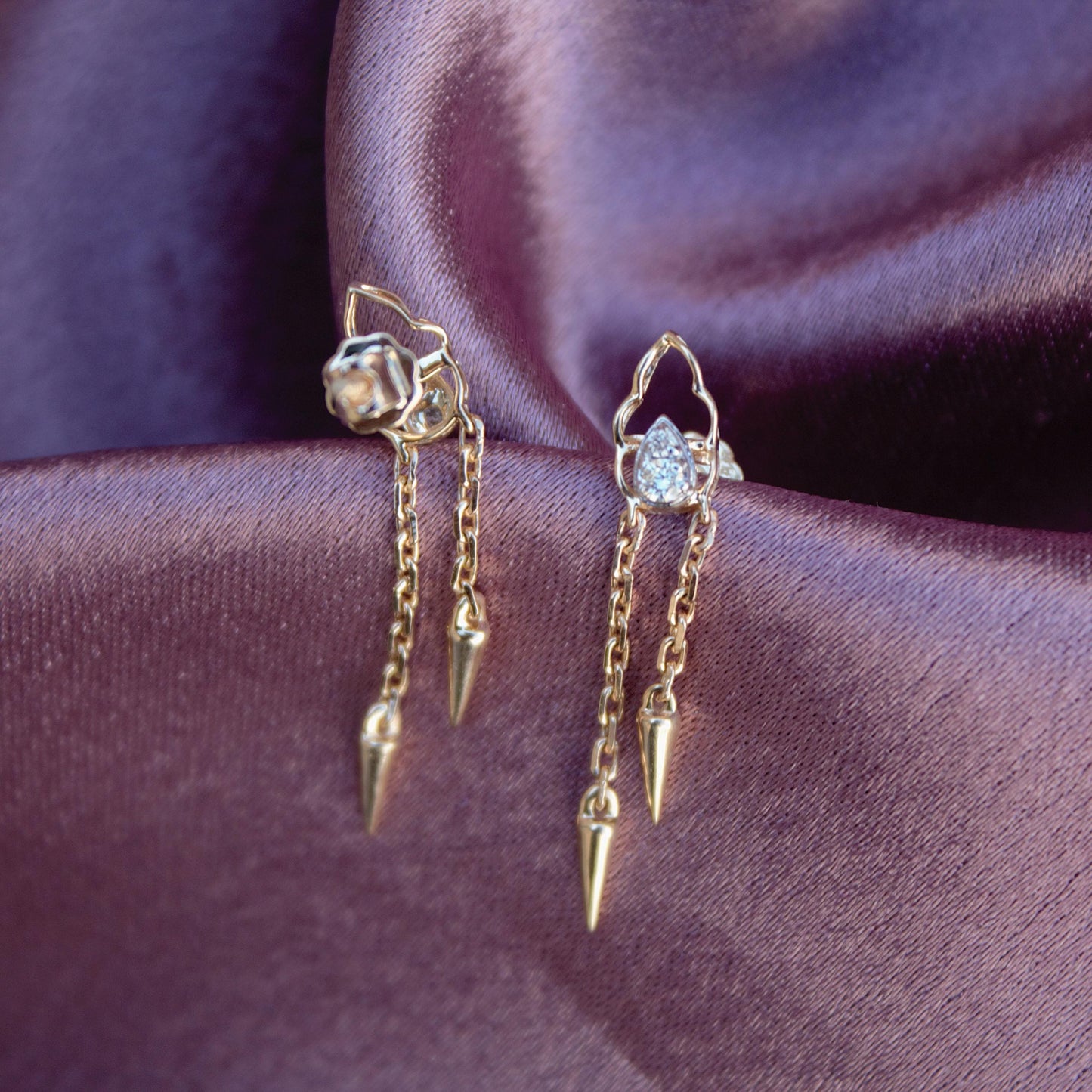 14K Solid Gold Chain Tassel Earrings, Designer Dangle Earrings for Her, Lightweight Real Diamond Gold Earrings, Anniversary Gift for Wife