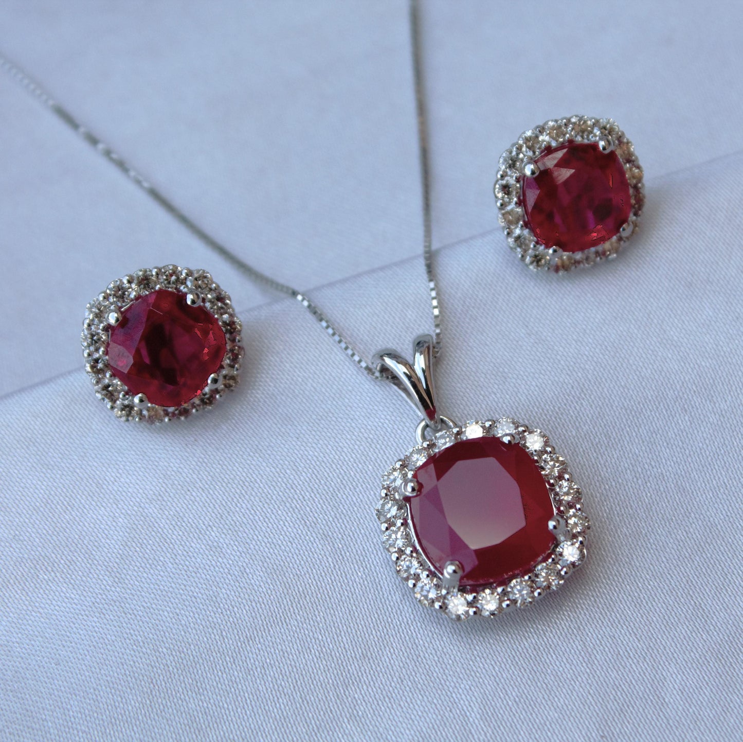 Cushion Ruby with Natural Diamond Jewelry Set, Solitaire Halo Pendant with Stud Earrings, 18k White Gold Jewelry, Engagement Gift for Bride