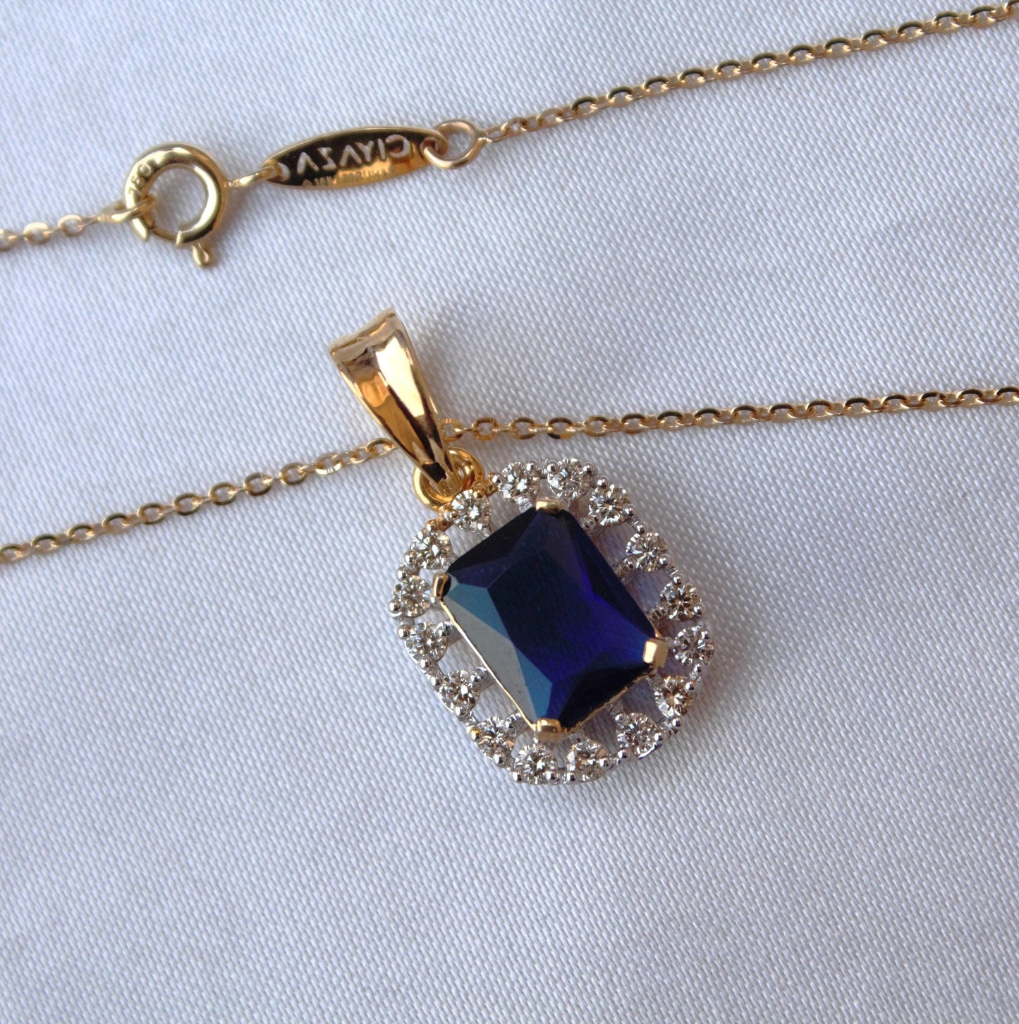 Emerald Cut Blue Sapphire with Real Diamonds Jewelry Set, Solitaire Halo Pendant with Stud Earrings, 18k Yellow Gold Jewelry Set for Bride