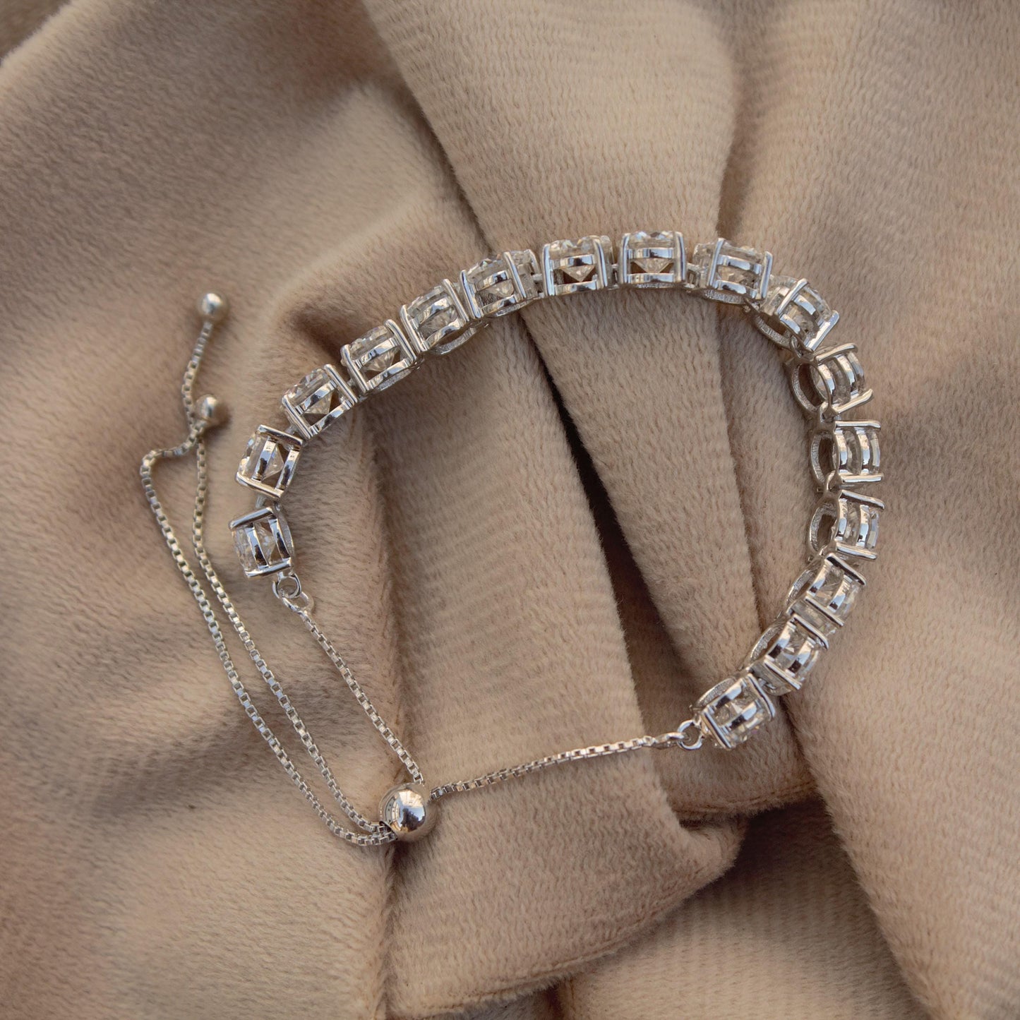 Round Cut Moissanite Silver Chain Bracelet, 925 Sterling Silver Adjustable Bracelet for Her, Statement Bracelet, Wedding Gift for Women