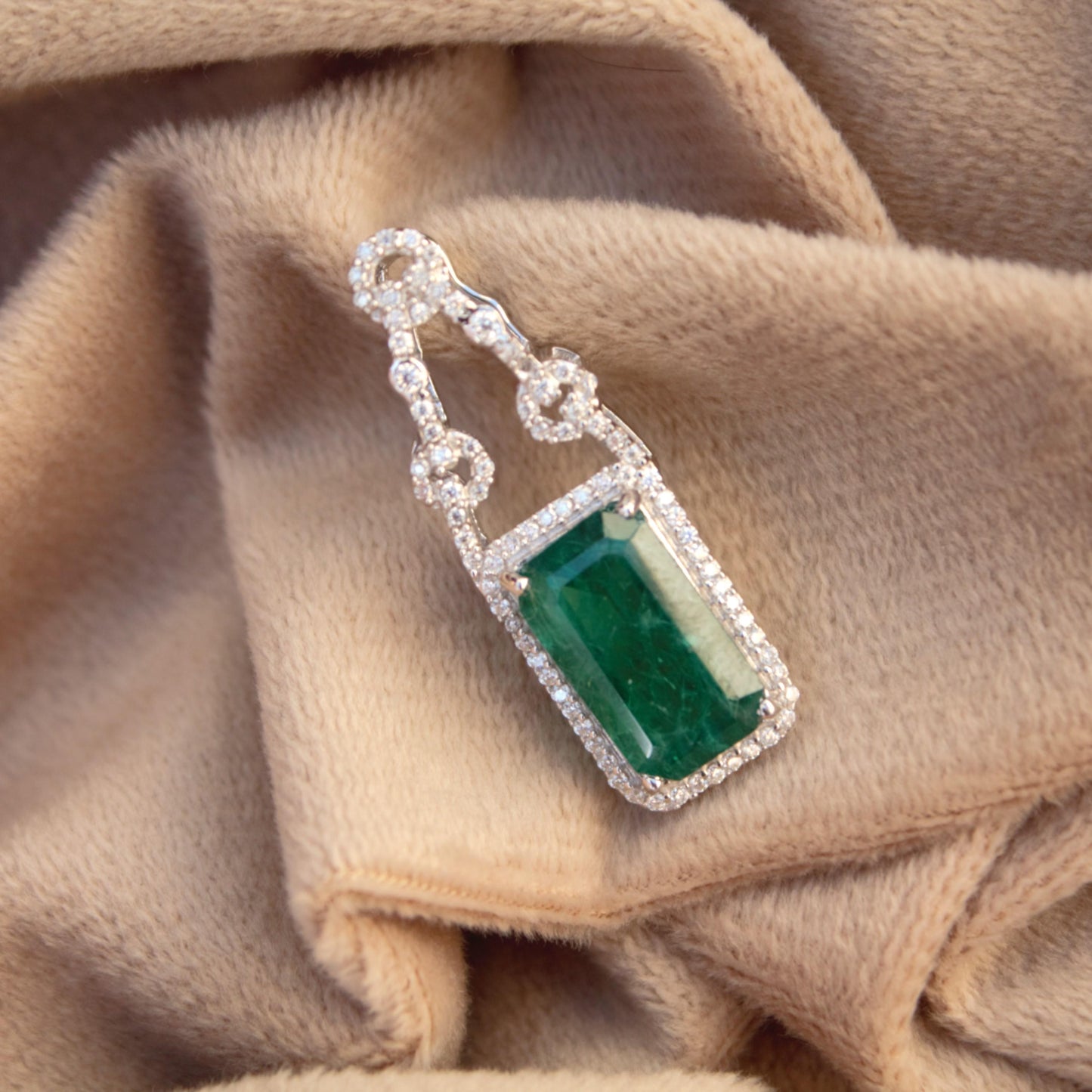 Moissanite & Green Inclusions Emerald Silver Pendant, Statement Pendant For Anniversary Gift, 925 Sterling Silver Emerald Cut Pendant