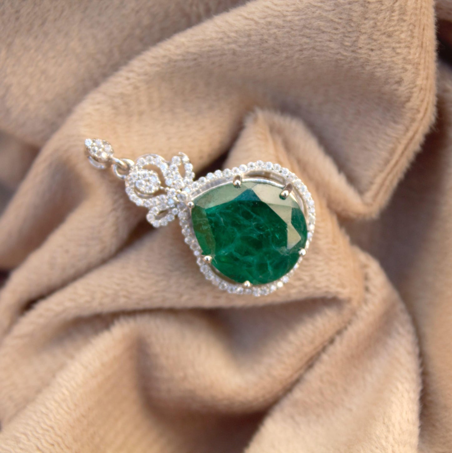 Green Inclusions Emerald With Moissanite Pendant, 925 Sterling Silver Moissanite Pendant For Gift, Victorian Style Pendant Without Chain