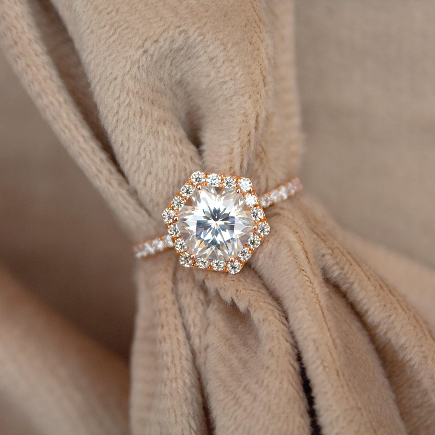 14K Rose Gold Moissanite Ring, Hexagon Ring, Art Deco Wedding Ring, Promise Ring, Vintage Halo Ring, Delicate Moissanite Gold Ring For Wife