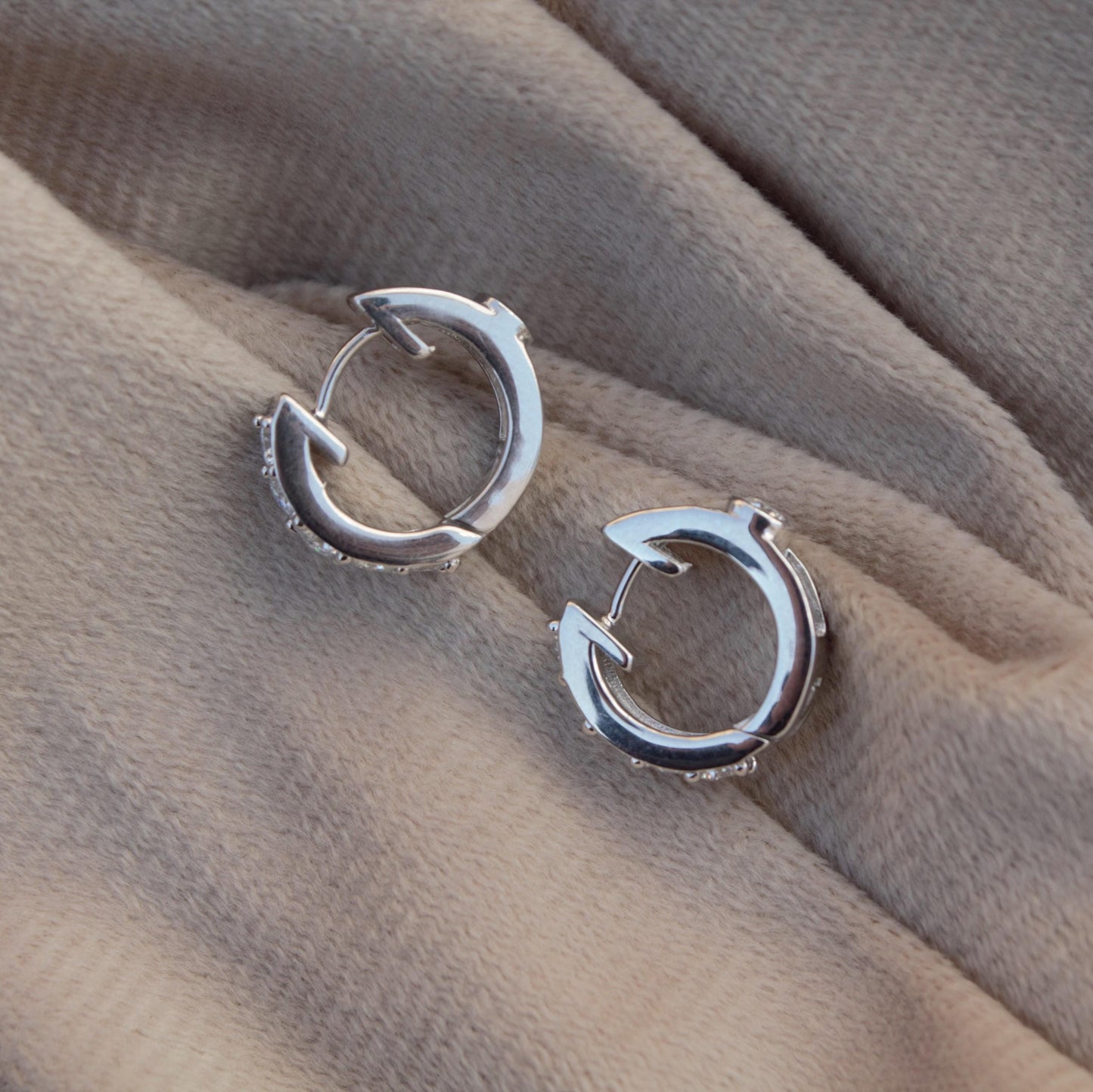 Hoop Silver Earrings with Moissanite Stone* 925 Sterling Silver Huggie Earrings* Genuine Handmade Jewelry* Moissanite Huggie Hoop Earrings