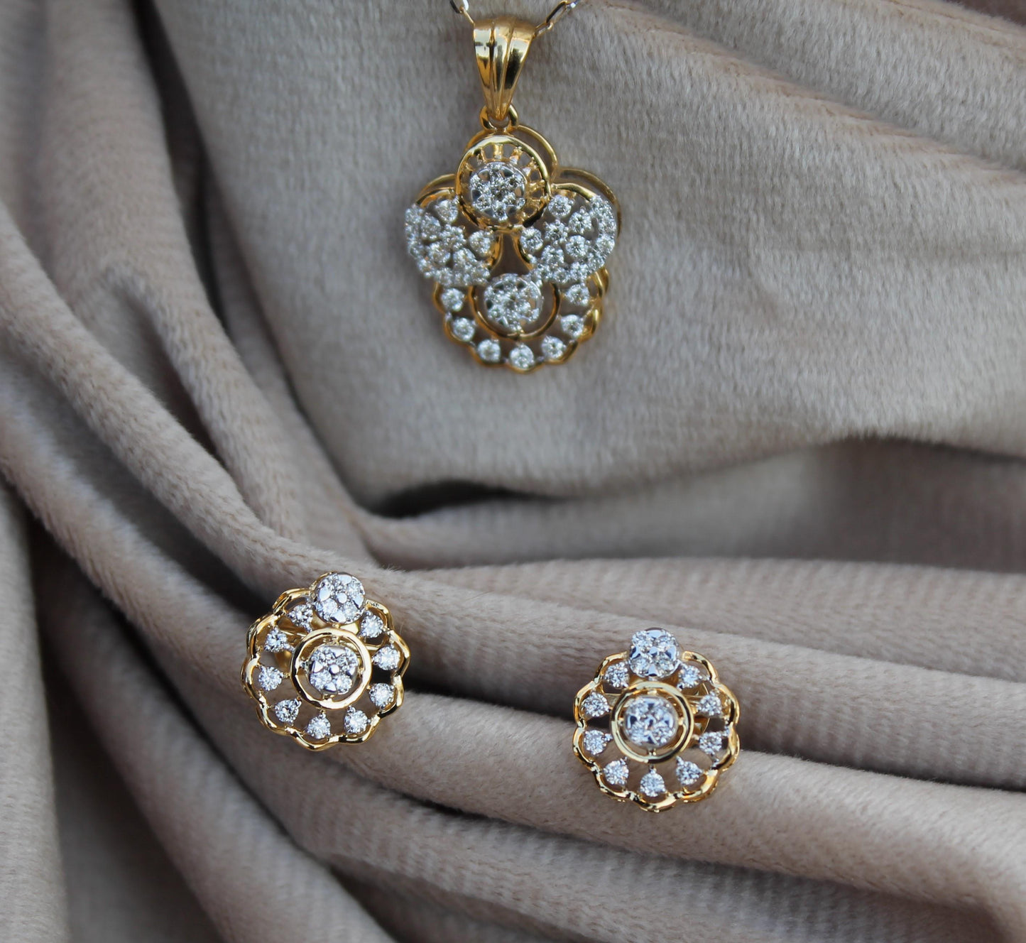 IGI Certified Gold Diamond Jewelry, Natural Diamond Earring With Necklace Set, 18K Gold Diamond Jewelry, Designer Diamond Set Gift For Her