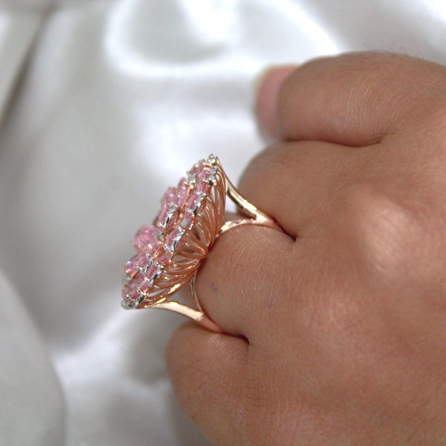 Pink Sapphire & Natural Diamond Flower Ring, Solid Gold Statement Jewelry, Elegant Natural Diamond Ring, Floral Fine Jewelry Gift for Women