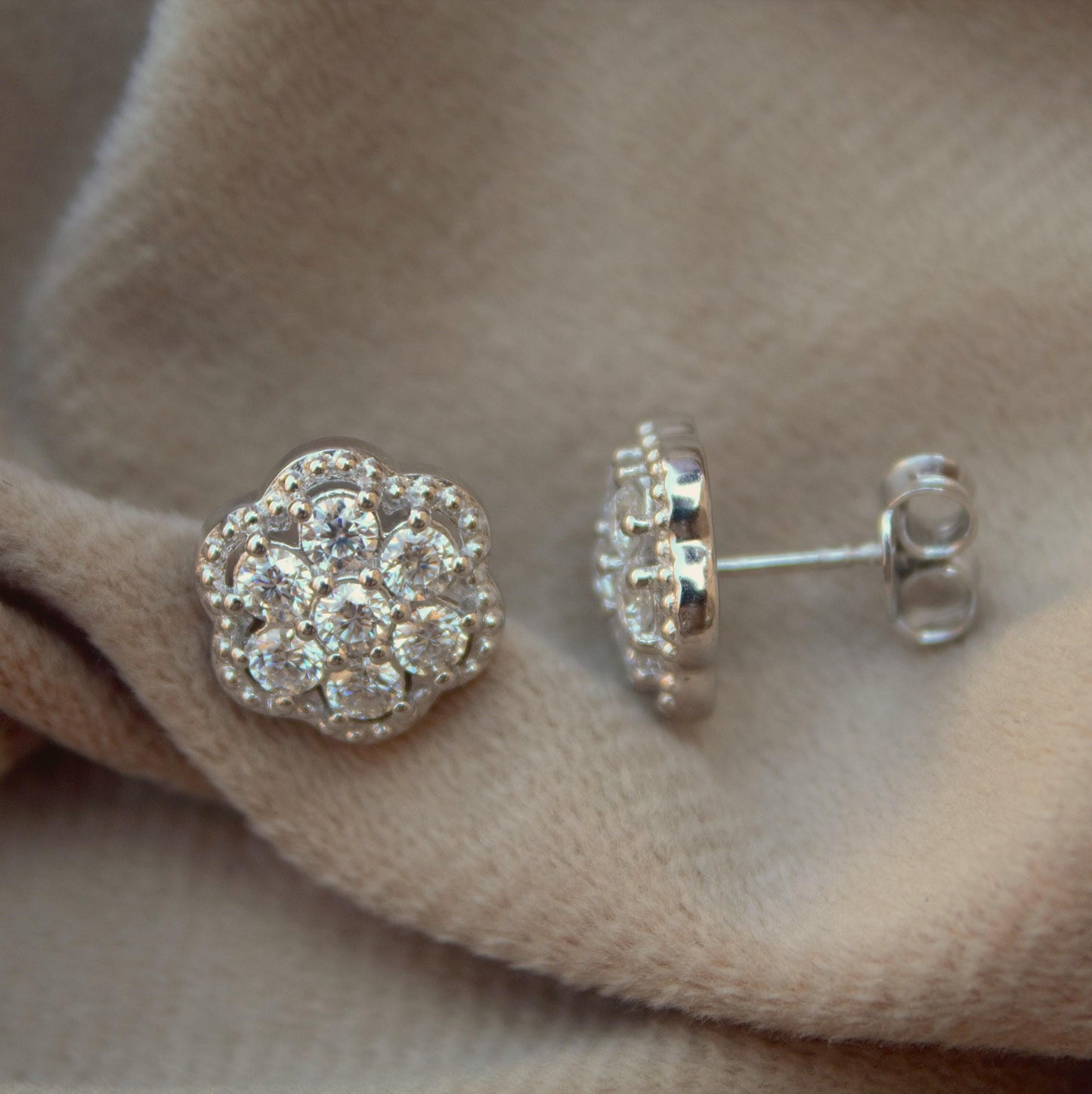 Silver Moissanite Flower Stud Earrings, Solitaire Halo Earrings, Floral Style Round Dainty Stud Earrings, Moissanite Diamond Tester Approved