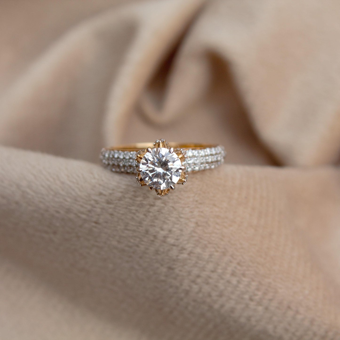 14k Solid Yellow Gold Ring, Lab Grown Diamond Ring For Gift, Designer Halo Ring For Anniversary Gift, Perfect Diamond Ring For New Year Gift