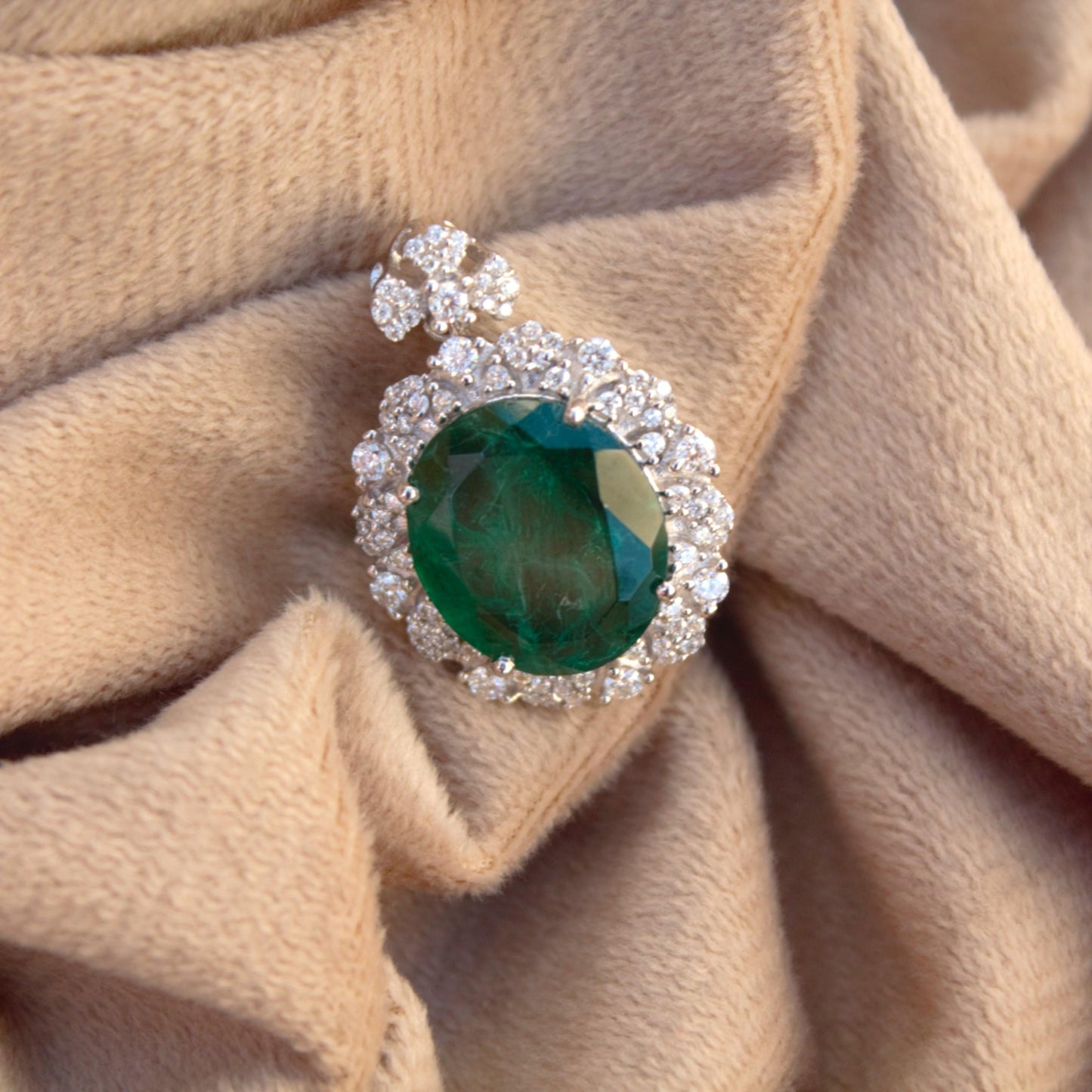 Moissanite with Green Emerald Inclusion Pendant, Oval Shape Prong Set Pendant, Statement Halo Pendant, Green Gemstone Jewelry for Her