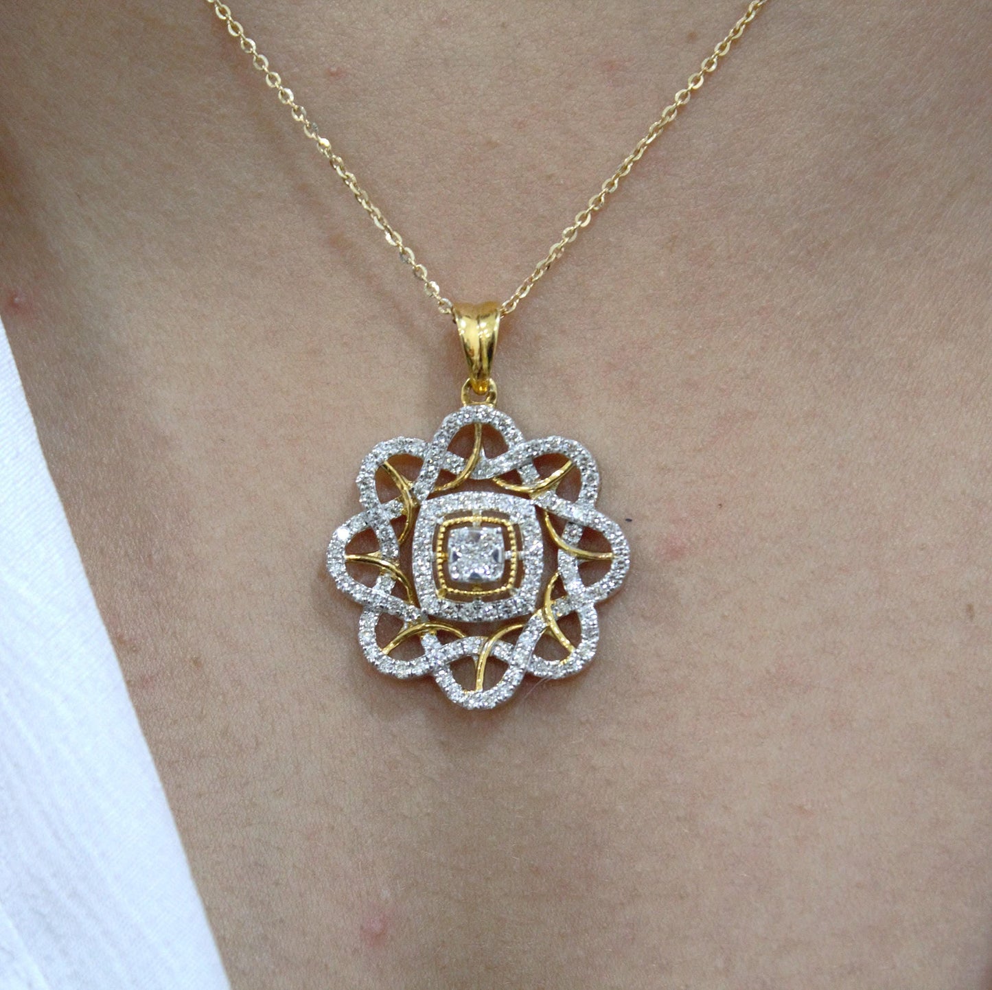 18k Yellow Gold Designer Necklace Earrings Set, Real Diamond Jewelry Set for Bridesmaids, Halo Jewelry in Gold, Anniversary Gift for Wife