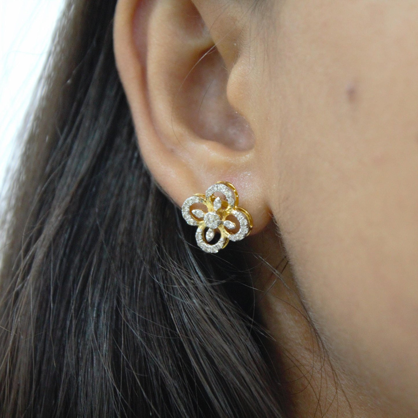 Designer Gold Diamond Jewelry Set, 18k Yellow Gold Chain Pendant with Stud Earrings, Clover Diamond Jewelry, Wedding Jewelry Gift for Bride