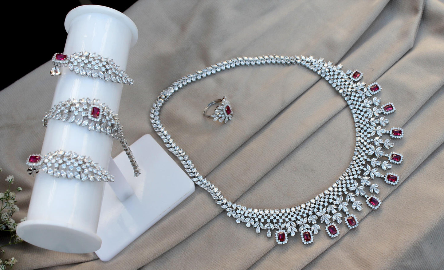 Luxurious Bridal Jewelry Set, Cubic Zirconia with Synthetic Ruby Jewelry, 925 Sterling Silver Necklace With Earrings, Ring, Bracelet Set
