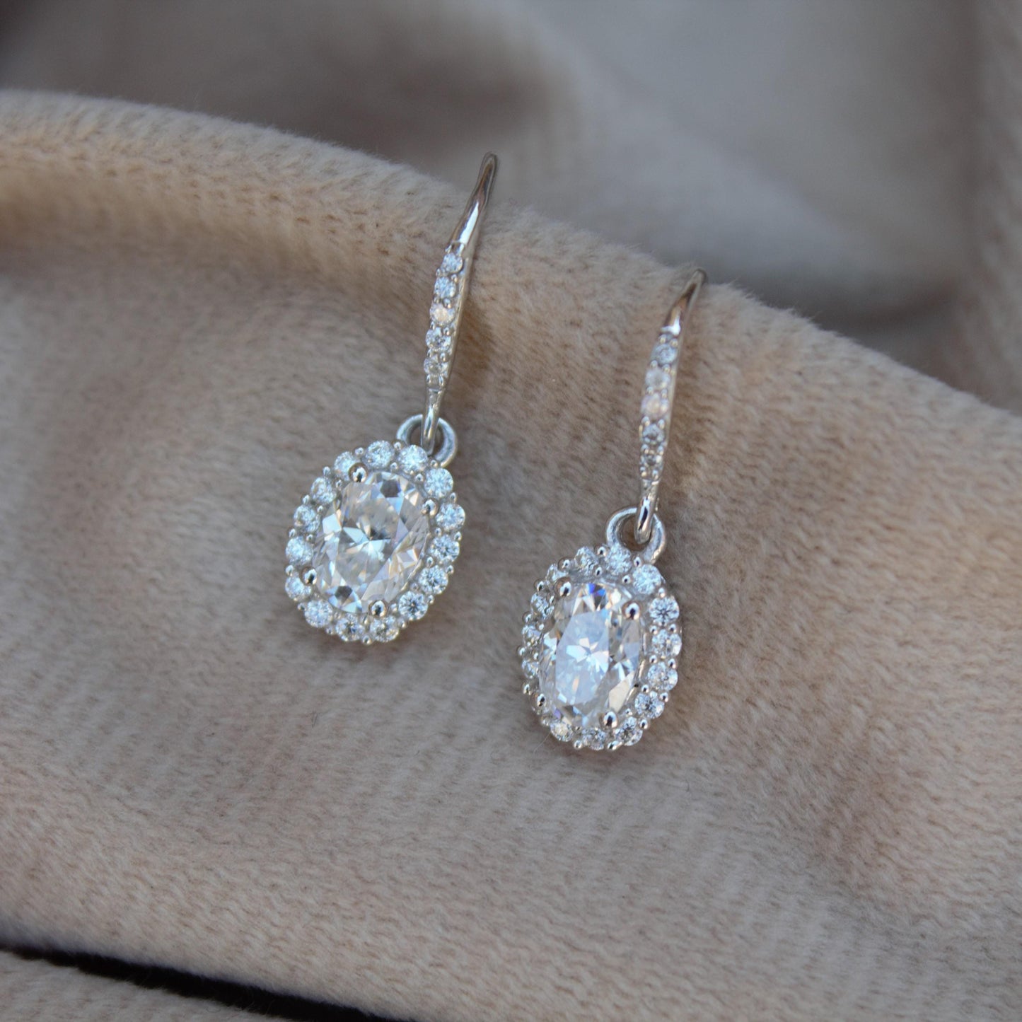 White Moissanite Dangle Earrings in 925 Sterling Silver, Oval Cut Stone Earrings for Her, Statement Jewelry, Perfect for Valentines Day Gift