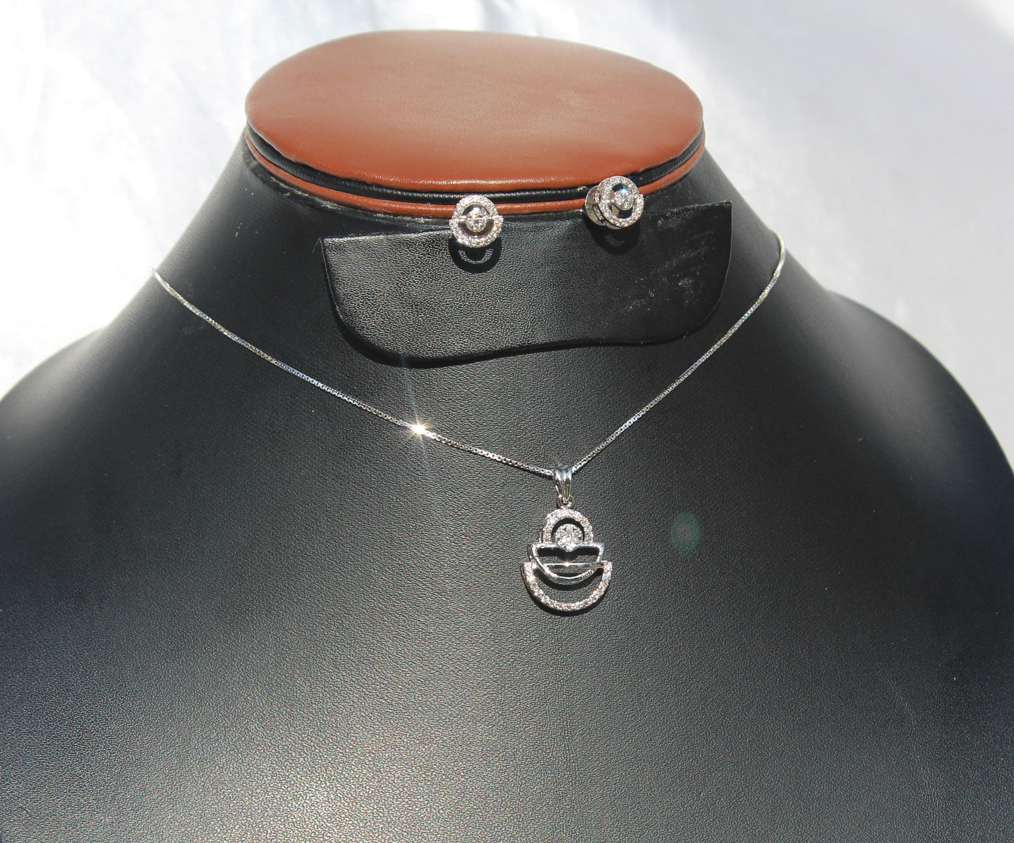 Minimalist Pendant with Chain and Studs, Dainty Real Gold Diamond Necklace & Earrings, 18k Solid White Gold Necklace Earring Combo Set