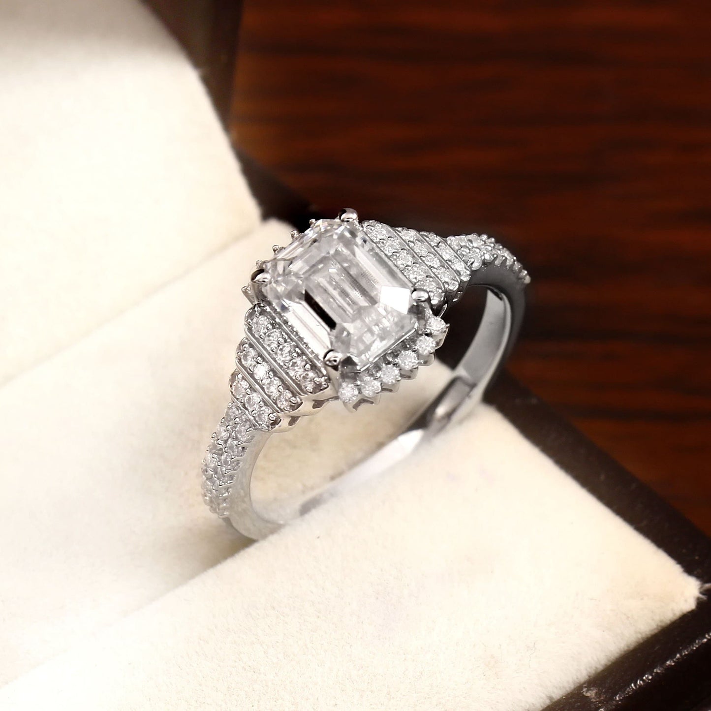 Emerald cut Solitaire Diamond Ring with layered shank