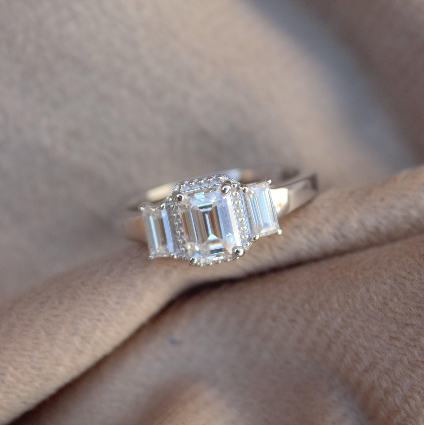 Luxurious Emerald Cut Moissanite Halo Engagement Ring, 925 Silver Ring, Art Deco Proposal Ring Gift, Romantic Proposal Ring or Birthday Gift