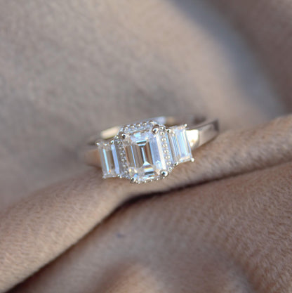 Luxurious Emerald Cut Moissanite Halo Engagement Ring, 925 Silver Ring, Art Deco Proposal Ring Gift, Romantic Proposal Ring or Birthday Gift