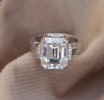 Delicate Emerald Cut Moissanite Ring, Statement Silver Ring, 925 Sterling Silver Ring for Men, Engagement Ring, Solitaire Prong Set Ring