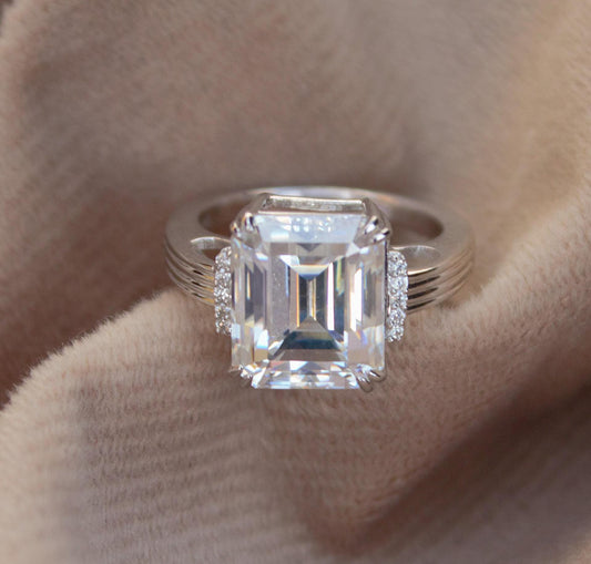 Delicate Emerald Cut Moissanite Ring, Statement Silver Ring, 925 Sterling Silver Ring for Men, Engagement Ring, Solitaire Prong Set Ring