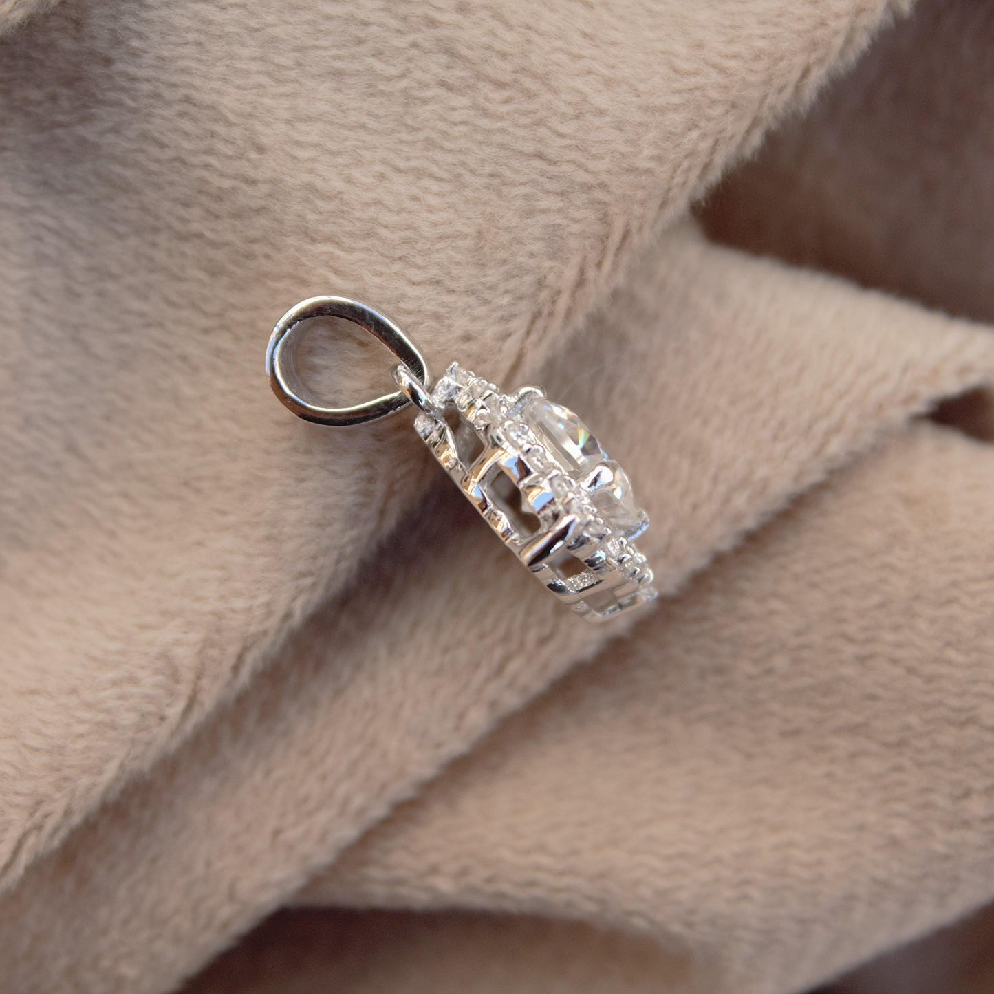 Sterling Silver Cluster Moissanite Pendant, 925 Silver Cushion Shape Pendant, Solitaire Halo Pendant , Silver Loop Pendant for Chain, Gift