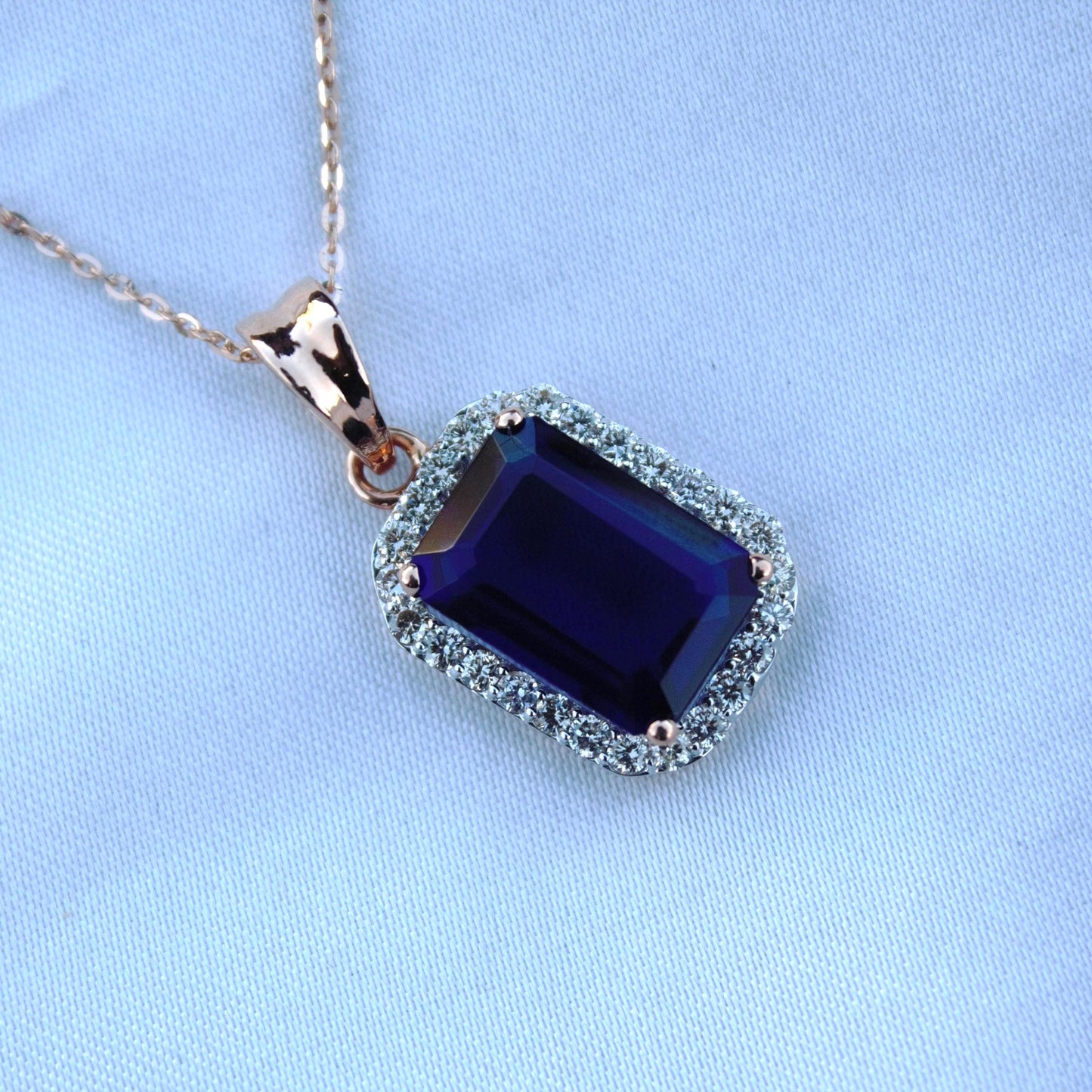 Blue Sapphire with Real Diamond Jewelry Set, 18k Rose Gold Solitaire Halo Pendant with Stud Earrings, Emerald Cut Necklace Earrings Set