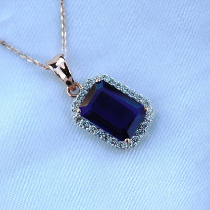 Blue Sapphire with Real Diamond Jewelry Set, 18k Rose Gold Solitaire Halo Pendant with Stud Earrings, Emerald Cut Necklace Earrings Set