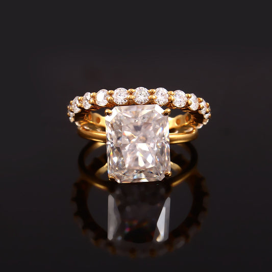 Radiant & Round Moissanite Gold Ring/ Moissanite Bridal Wedding Ring Set/ Matching Full Eternity Moissanite Band/ Hidden Halo Ring