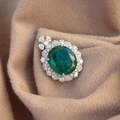 Moissanite with Green Emerald Inclusion Pendant, Oval Shape Prong Set Pendant, Statement Halo Pendant, Green Gemstone Jewelry for Her