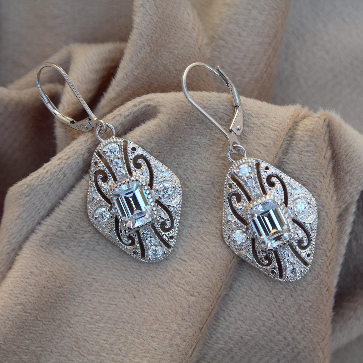 Vintage Style Moissanite Dangle Earrings, 925 Sterling Silver Art Deco Earrings, Antique Filigree Design Earrings, Emerald Cut Earrings