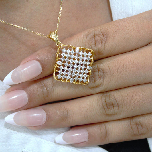 Cluster Diamond Gold Jewelry Set, 18K Yellow Gold Pendant with Earrings Set, Statement Real Diamond Jewelry, Wedding Gift for Bridesmaids