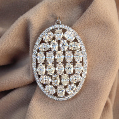 Oval Shape Statement 925 Silver Pendant, Oval & Round Moissanite Pendant For Anniversary Gift, Heavy Victorian Style Pendant For Her