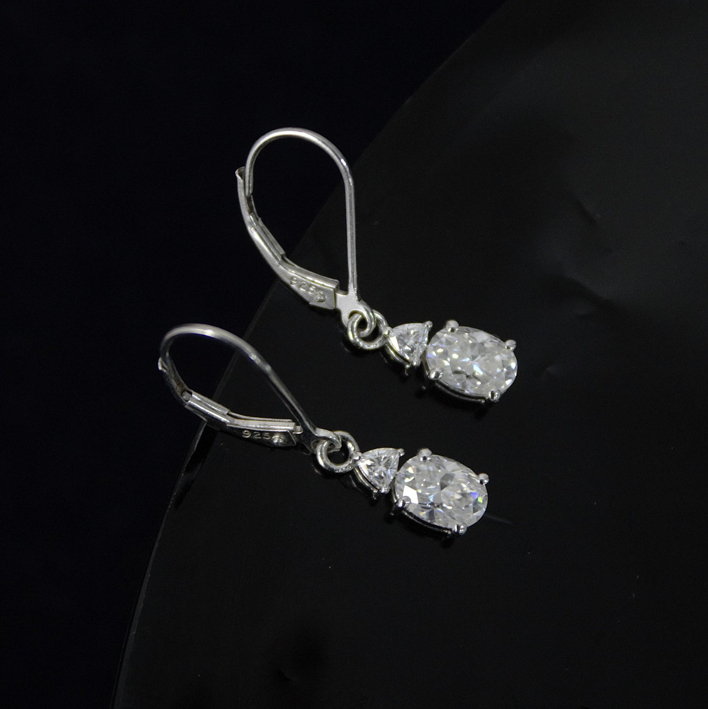 Oval and Trillion Cut Moissanite Earrings, 925 Sterling Silver Lever Back Earrings, Vintage Style Minimalist Earrings, White Stone Earrings