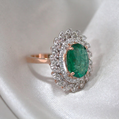 Natural Emerald with Natural Diamonds, Solid Rose Gold Ring for Birthday Gift, Elegant Real Diamond with Real Gold Ring