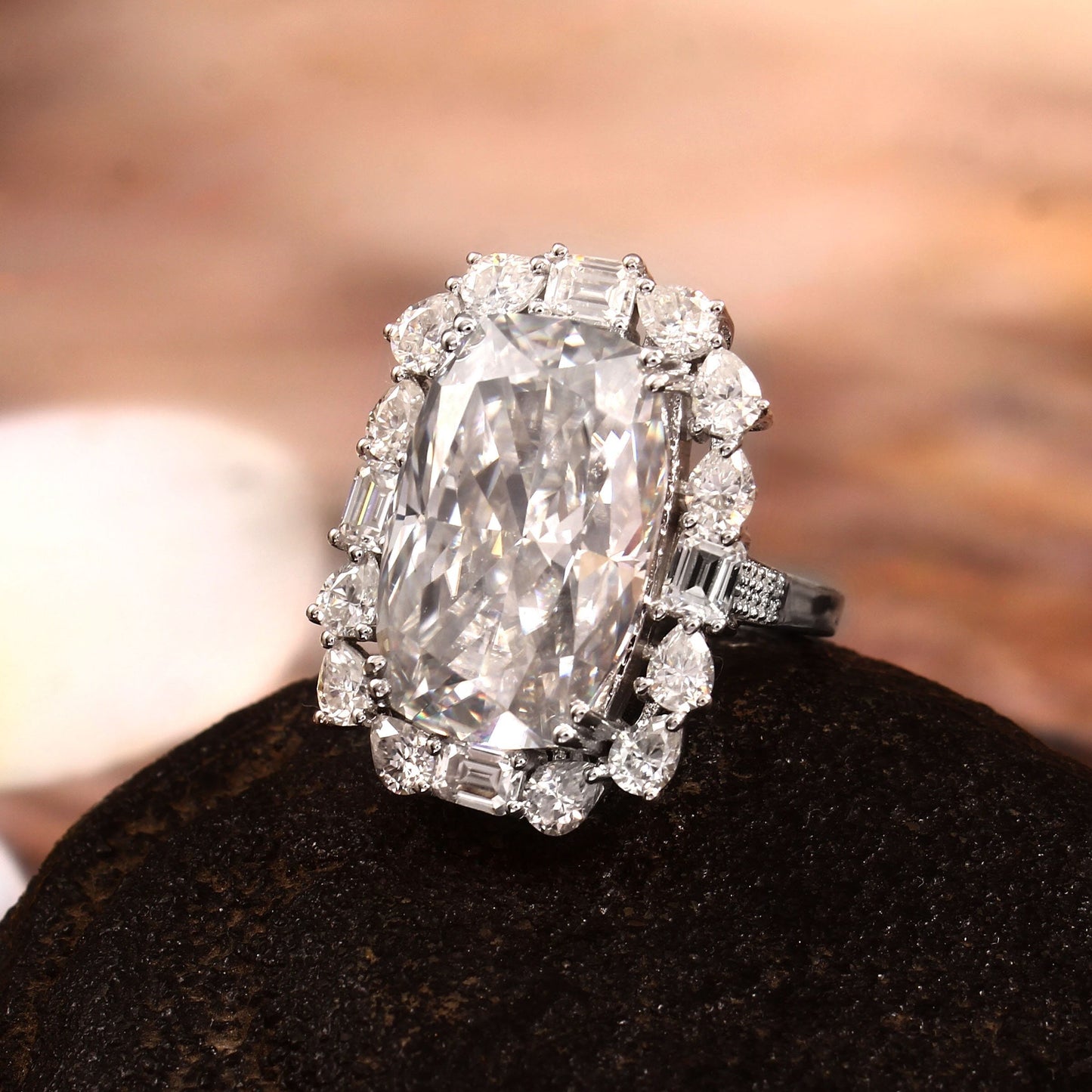 Lab Grown Diamond Solitaire Ring, Elongated Cushion Halo Ring, Solid Gold Wedding Ring, Propose Gift for Women, Bridal Gift, Customized Ring