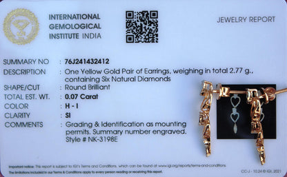 0.07 Carat Natural Diamonds Earrings, Real Diamond Solid Gold Jewelry, Heart Shape Dangle Earrings, 14K Gold With IGI Certified Jewelry