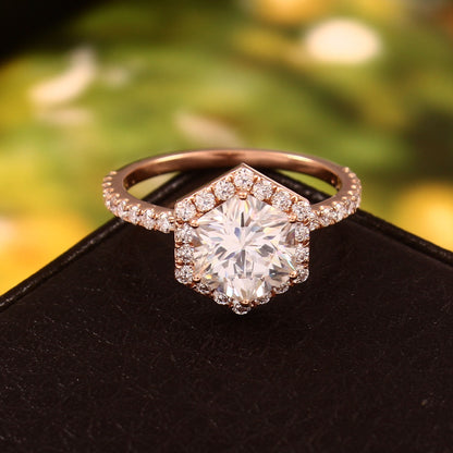 IGI Certified Lab Grown Diamond Ring, Hexagon Cut Ring, Halo Ring for Women, Solid 10k/ 14k/ 18K Gold Wedding Ring, Solitaire Ring for Bride