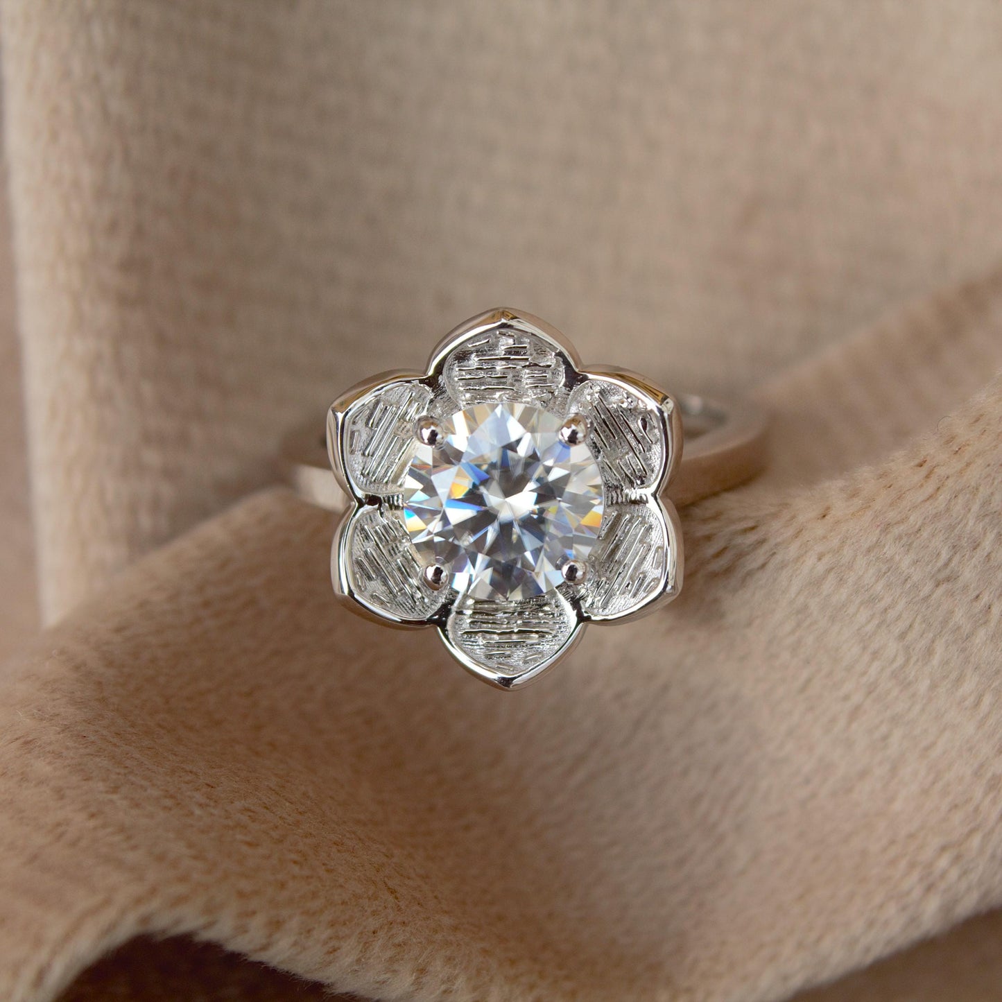 Floral Moissanite Silver Ring - Vintage Flower Engagement Ring, Nature-Inspired Promise Ring, 925 Sterling Silver Unique Bridal Jewelry Gift