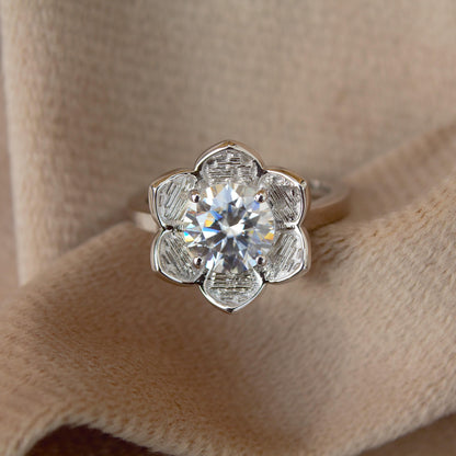 Floral Moissanite Silver Ring - Vintage Flower Engagement Ring, Nature-Inspired Promise Ring, 925 Sterling Silver Unique Bridal Jewelry Gift
