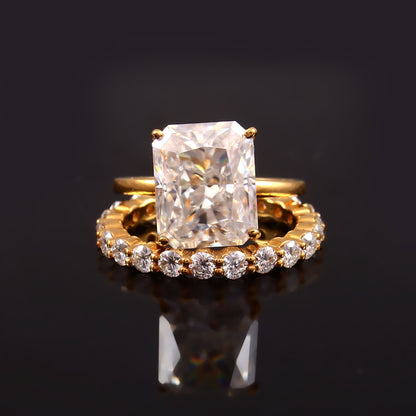 Radiant & Round Moissanite Gold Ring/ Moissanite Bridal Wedding Ring Set/ Matching Full Eternity Moissanite Band/ Hidden Halo Ring