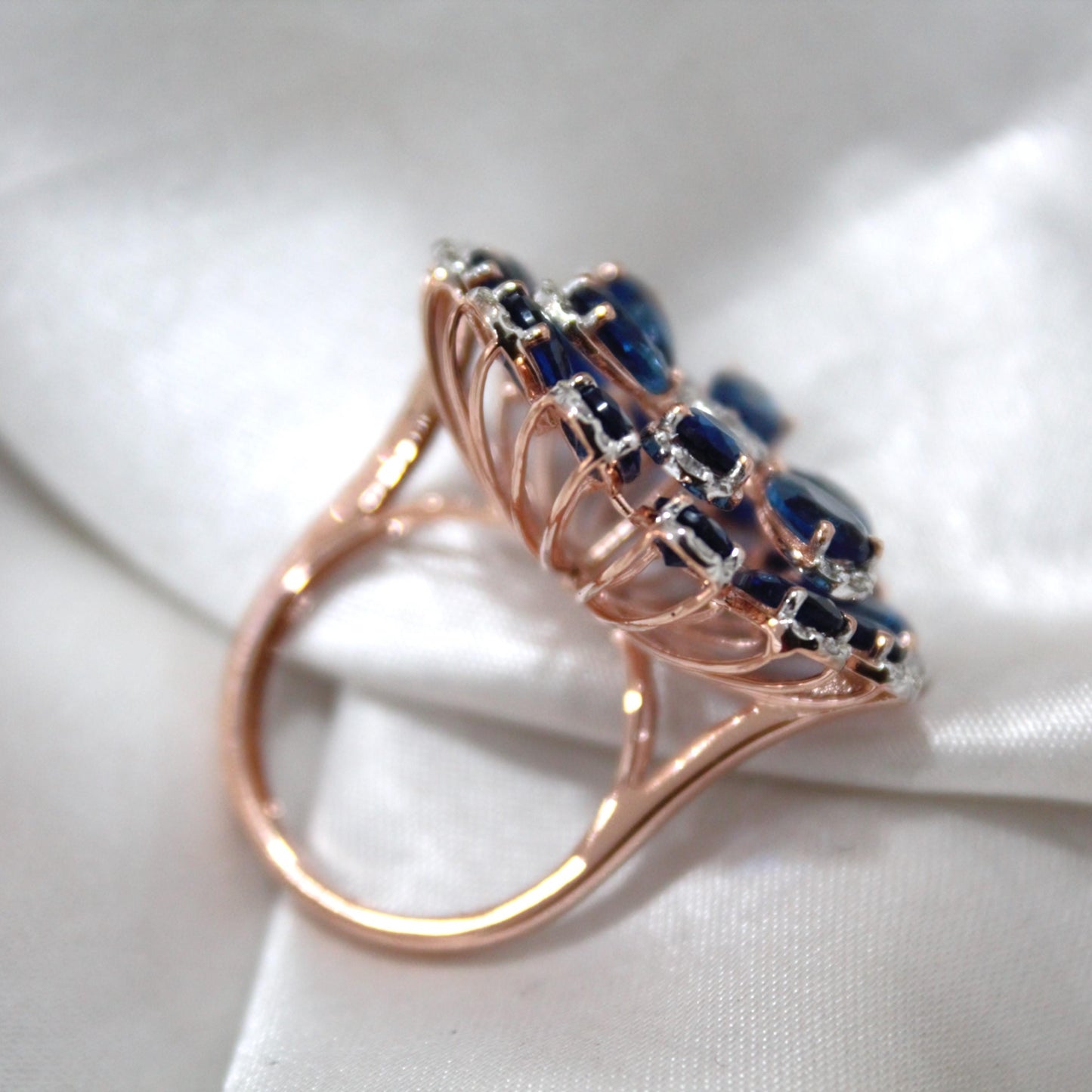 Blue Sapphire & Diamond Flower Ring, Handmade Solid Gold Solitaire Jewelry, Victorian Style Elegant Designer Floral Jewelry for Engagement