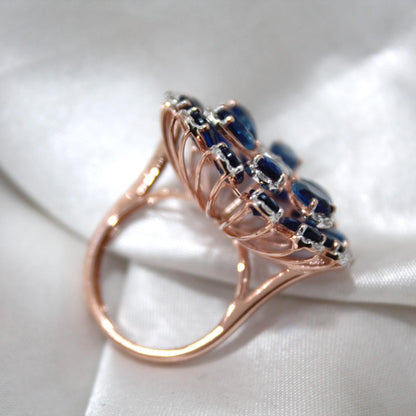 Blue Sapphire & Diamond Flower Ring, Handmade Solid Gold Solitaire Jewelry, Victorian Style Elegant Designer Floral Jewelry for Engagement