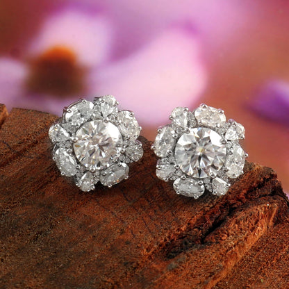 Round Cut Moissanite Earrings, Floral Stud Earrings, Minimalist Gold Earrings, Handmade Jewelry, Solitaire Earrings, White Gold Earrings