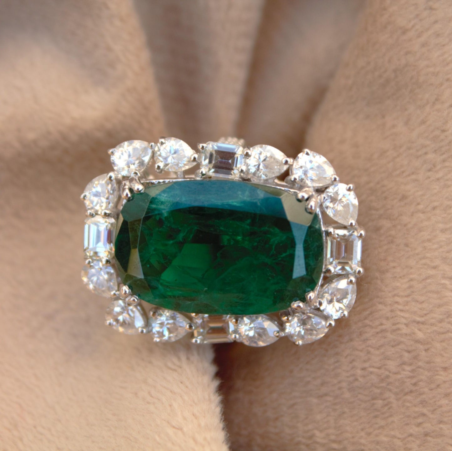 Elongate Cushion Emerald Inclusion with Moissanite Ring, Unique Ring for Men and Women, Green Gemstone Jewelry, Handmade Propose Ring Gift