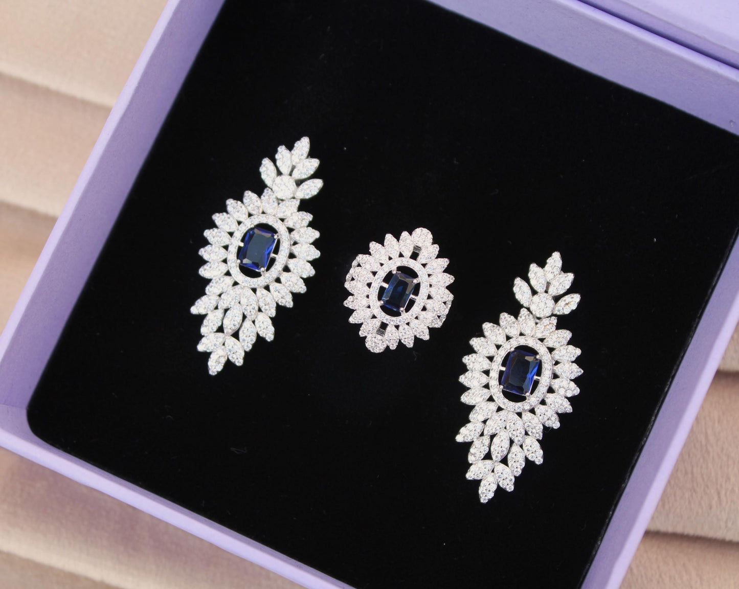 925 Sterling Silver CZ Jewelry Set, Synthetic Sapphire Choker Necklace Set for Women, Statement Bridal Necklace with Earrings-Ring-Bracelet