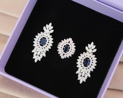 925 Sterling Silver CZ Jewelry Set, Synthetic Sapphire Choker Necklace Set for Women, Statement Bridal Necklace with Earrings-Ring-Bracelet