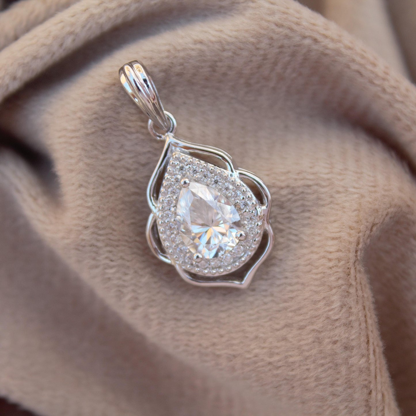 Vintage Style Moissanite Designer Pendant, 925 Sterling Silver Charm Pendant, Pear and Round Cut Solitaire Pendant, Perfect Gift for Women