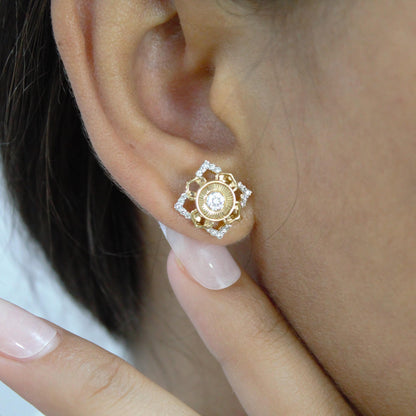 18k Yellow Gold Necklace with Earrings, Real Diamond Jewelry Set, Gold Diamond Jewelry for Her, Minimalist Charm Pendant with Chain and Stud