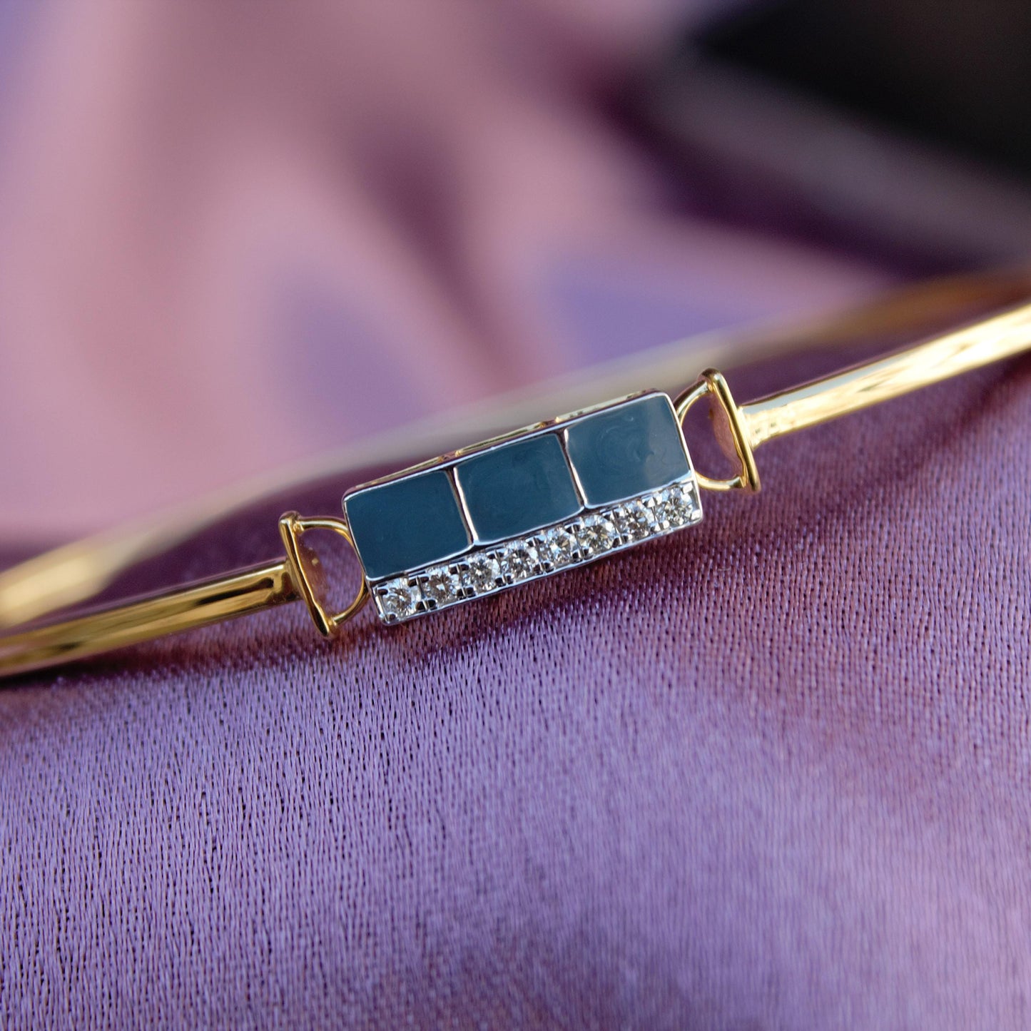 14K Solid Gold Cuff Bracelet, Natural Diamond With Enamel Bracelet, H - I Color S - I Clarity Real Diamond Bracelet, Gift For Special One