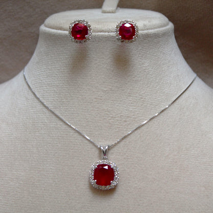 Cushion Ruby with Natural Diamond Jewelry Set, Solitaire Halo Pendant with Stud Earrings, 18k White Gold Jewelry, Engagement Gift for Bride
